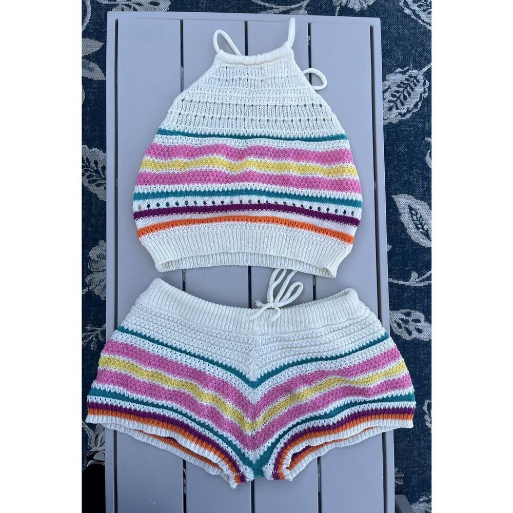 Unbranded Crochet Halter Top And Shorts - Size XL - Multicolored